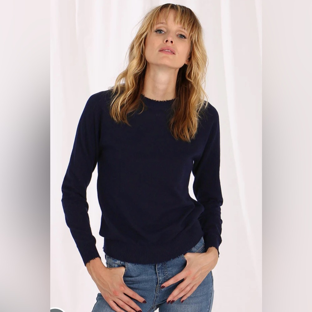 NWT Minnie Rose Cotton Cashmere Frayed Edge Crew